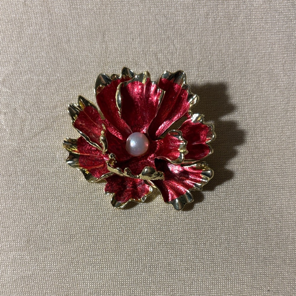 Elegant Red Floral Brooch with Pearl Accent